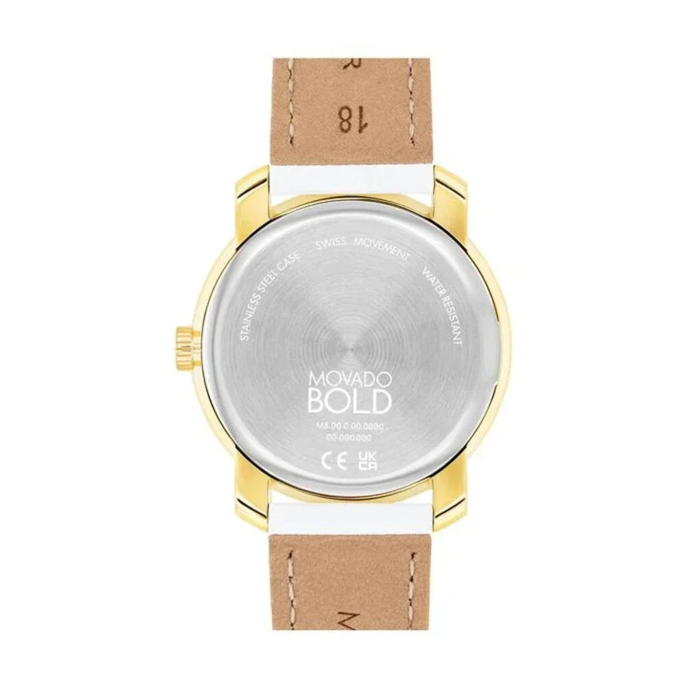 MOVADO BOLD 3600995 TREND PROPEL GOLD DIAL WHITE LEATHER STRAP WOMENS WATCH